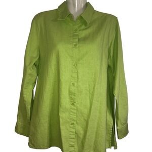 Kim Rogers top Sz S linen blend green square button  casual side slits vacation